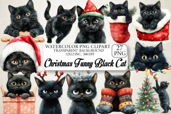 Christmas Funny Black Cat Clipart: A Festive Illustration for Creative Projects