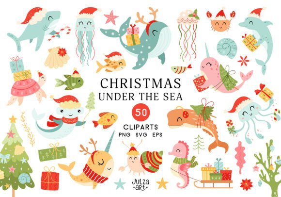 Christmas Sea Animal Clipart, Xmas Ocean Illustrations Review