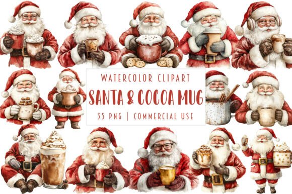 Cozy Christmas Santa Cocoa Mug Illustrations for Small Business Branding