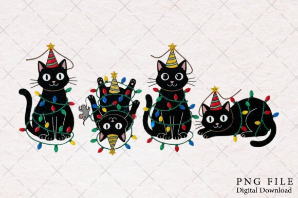 Funny Christmas Cats with Lights PNG: A Festive Illustration for Crafters