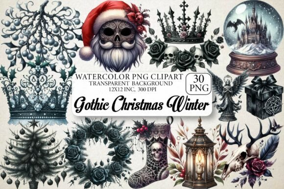 Gothic Christmas Winter Clipart: A Darkly Festive Graphic Design Asset