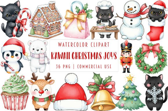Kawaii Christmas Joys Clipart: A Festive Graphic Design Asset for Crafters