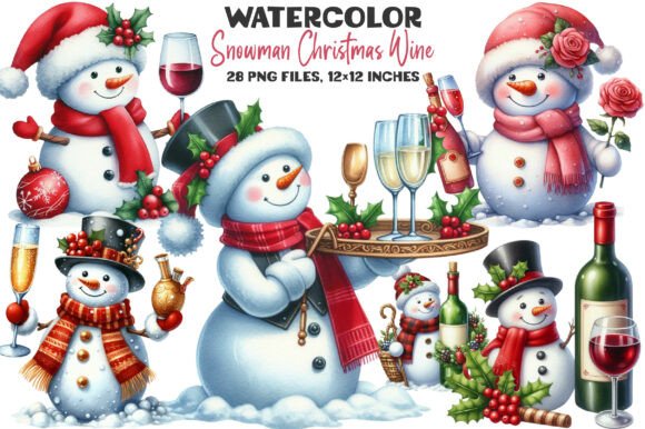 Snowman Christmas Wine Clipart: A Festive Graphic Design Asset for Holiday Branding
