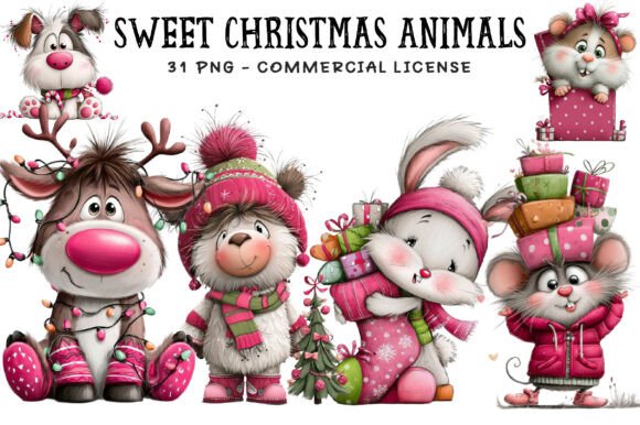 Sweet Christmas Animals PNG Bundle: A Versatile Graphic Design Asset for Seasonal Publishing