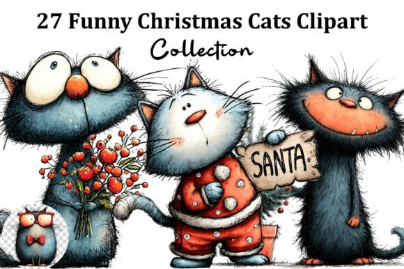 Watercolor Funny Christmas Cats Clipart for Creative Marketplace Illustrations