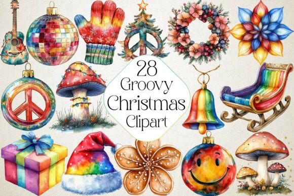 Watercolor Groovy Christmas Clipart for Embroidery Projects