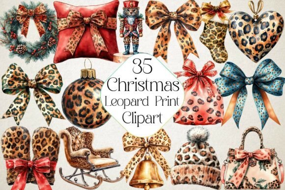 Watercolor Leopard Print Christmas Illustrations for Handmade Creators