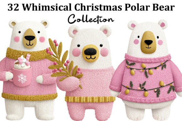 Whimsical Christmas Polar Bear Clipart for Embroidery Projects