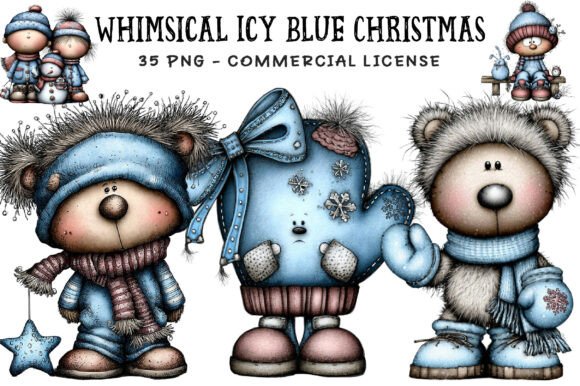 Whimsical Icy Blue Christmas Clipart Bun for Illustrations
