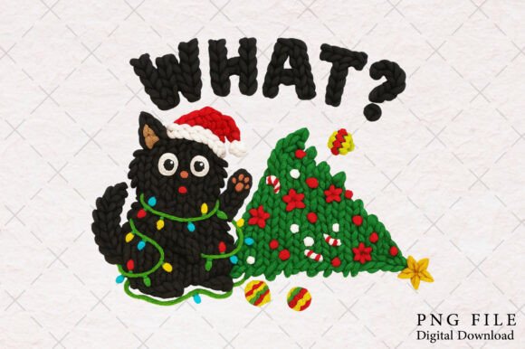 Yarn Crochet Funny Christmas Black Cat Illustrations for Branding